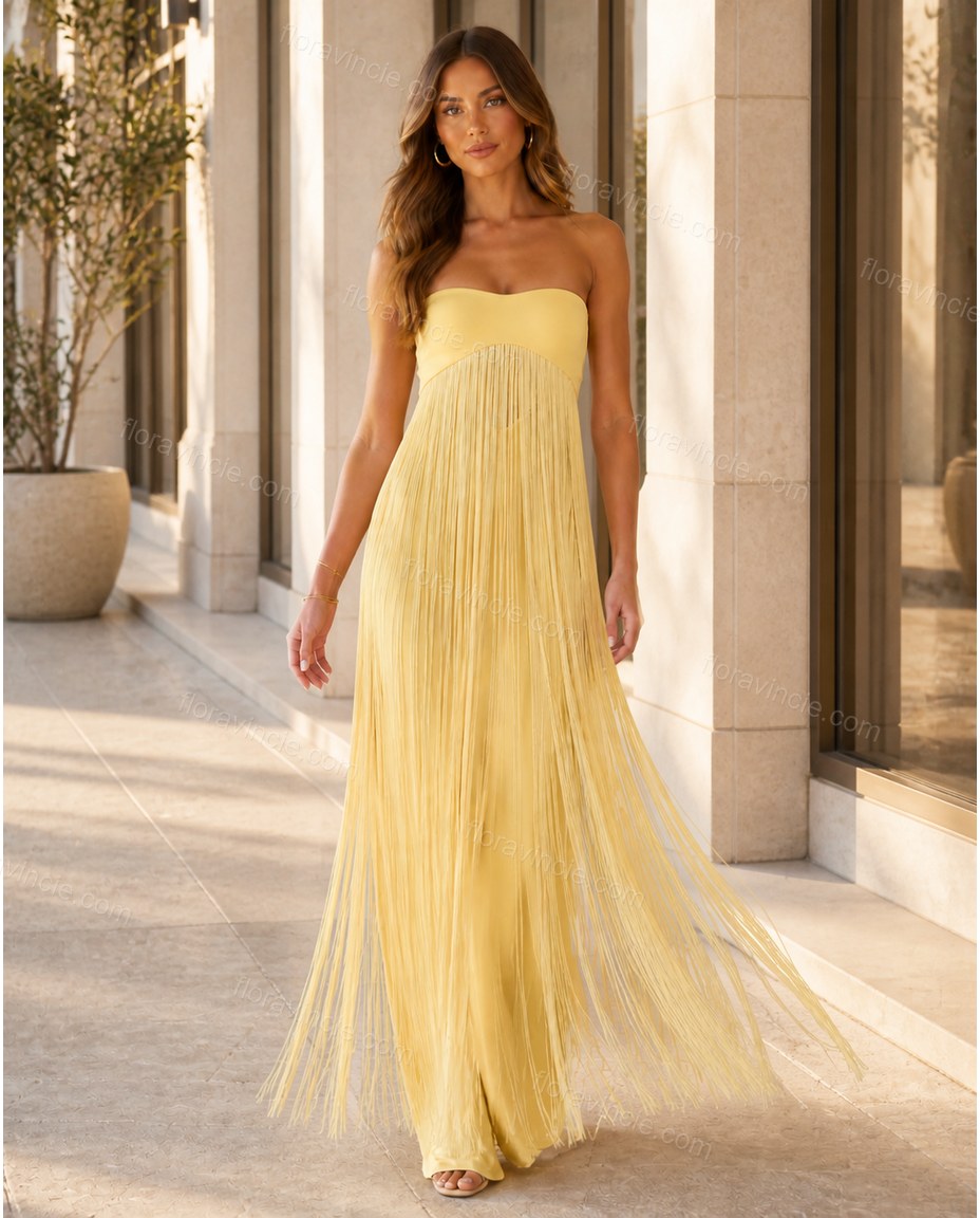 Yellow Maxi Fringe Knit Dress, movement and fit lifestyle view, by Floravincie