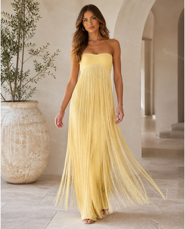 Yellow Maxi Fringe Knit Dress, full-length hero view, by Floravincie