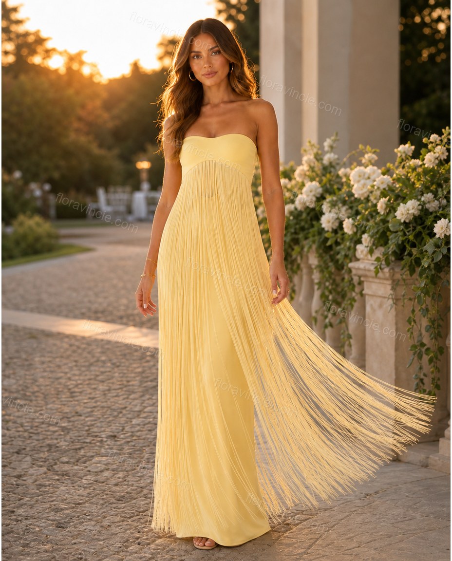 Yellow Maxi Fringe Knit Dress, alternate use-case lifestyle view, by Floravincie