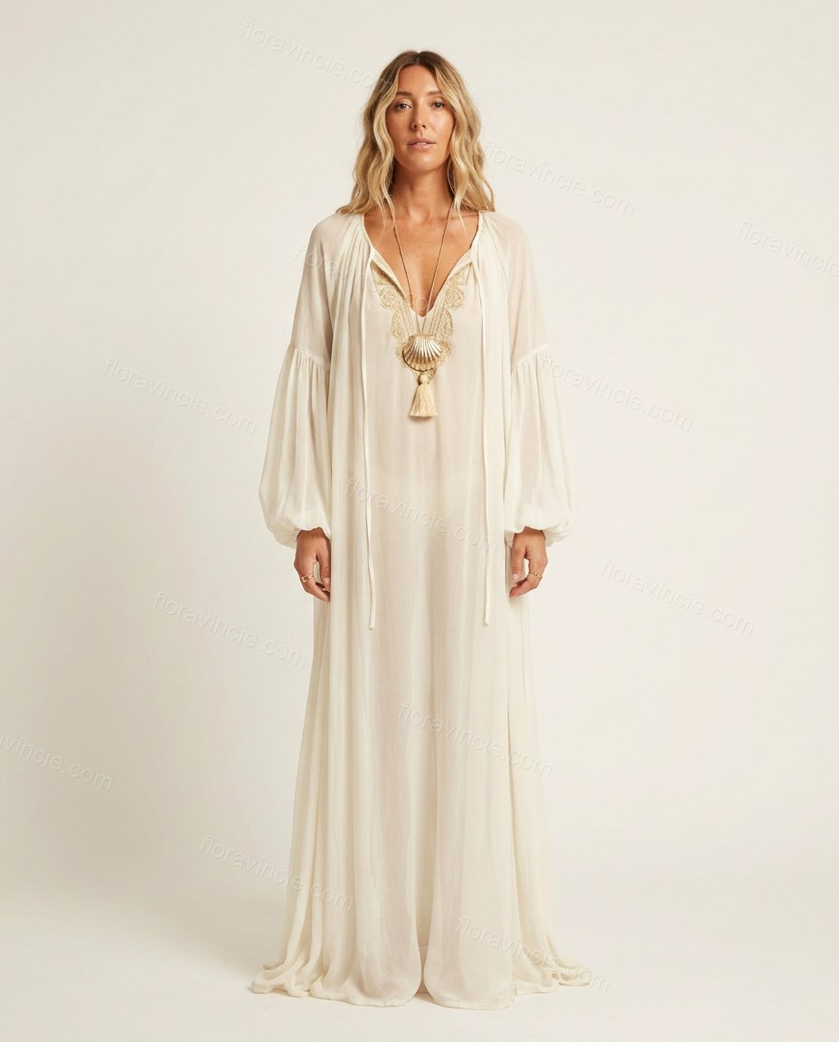 Off-white Maxi Embroidered Ruffled Dress, front studio view, by Floravincie