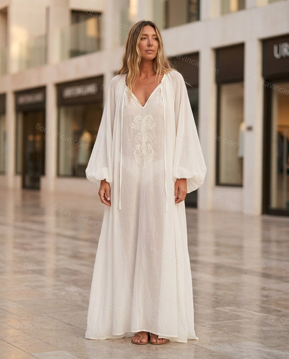 Off-white Maxi Embroidered Ruffled Dress, three-quarter brand lifestyle view, by Floravincie