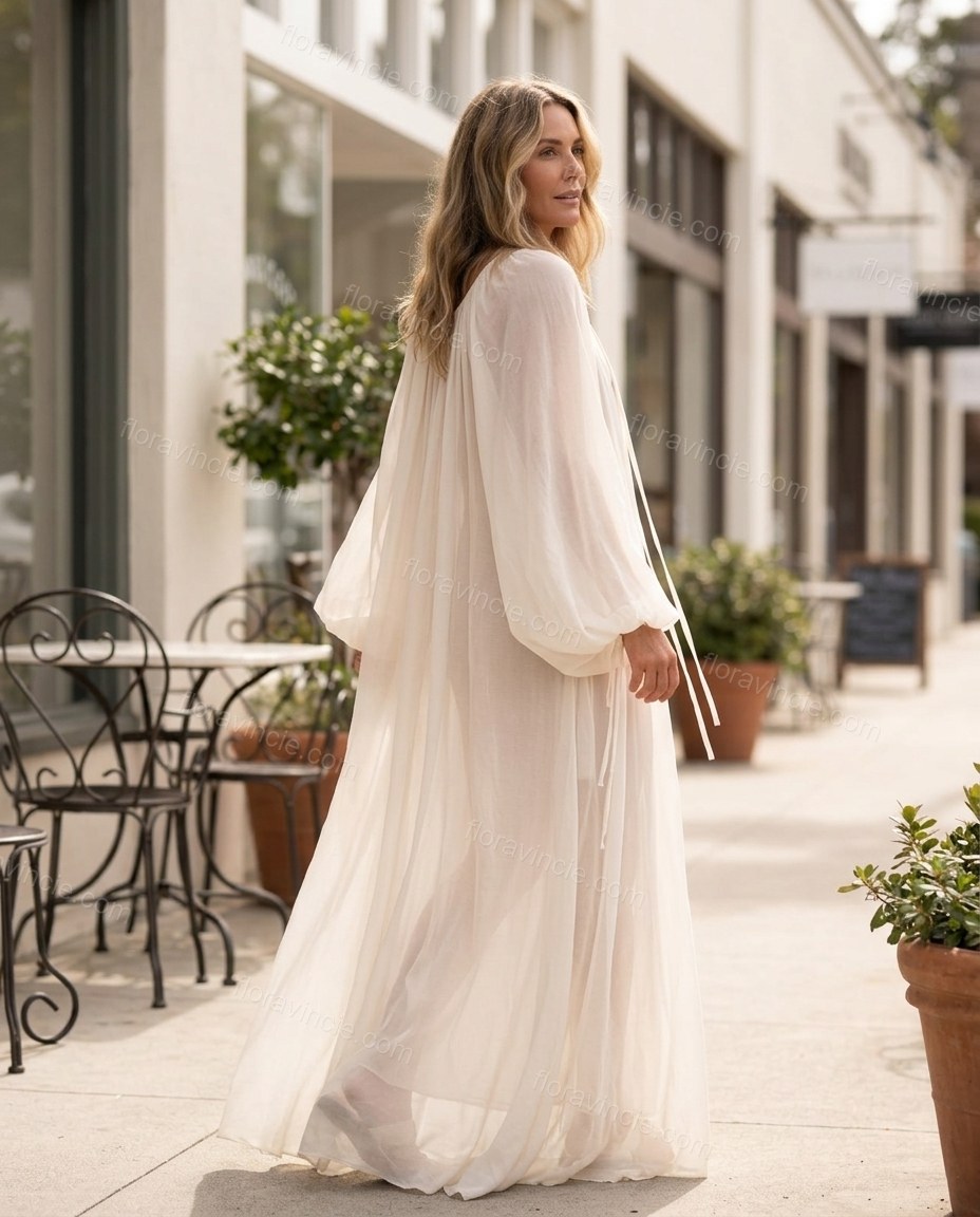 Off-white Maxi Embroidered Ruffled Dress, walking lifestyle view, by Floravincie