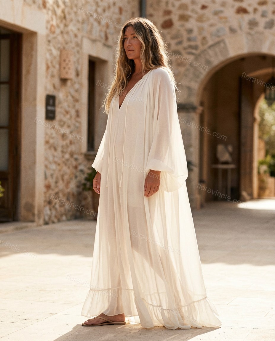 Off-white Maxi Embroidered Ruffled Dress, alternate use-case lifestyle view, by Floravincie
