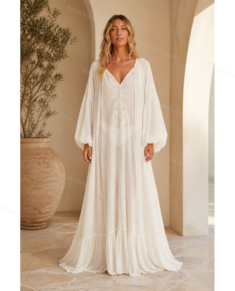 Off-white Maxi Embroidered Ruffled Dress, full-length hero view, by Floravincie