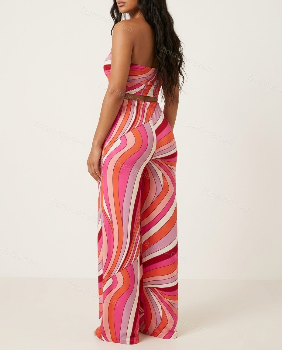 Pink Abstract Strapless Satin Top & Pants Set, back studio view, by Floravincie
