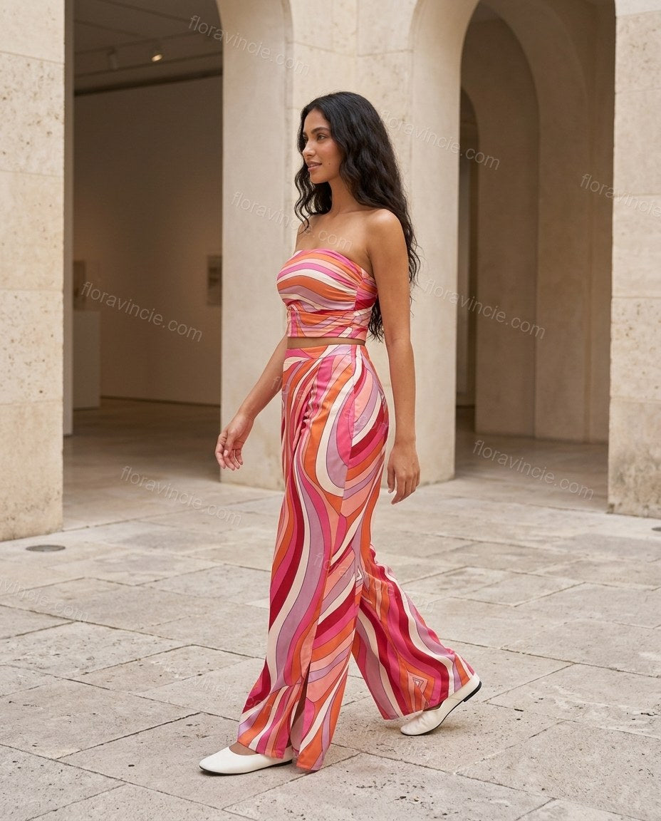 Pink Abstract Strapless Satin Top & Pants Set, walking lifestyle view, by Floravincie