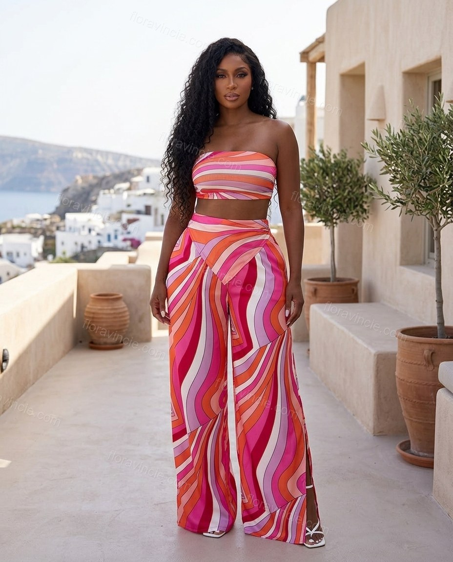 Pink Abstract Strapless Satin Top & Pants Set, three-quarter brand lifestyle view, by Floravincie