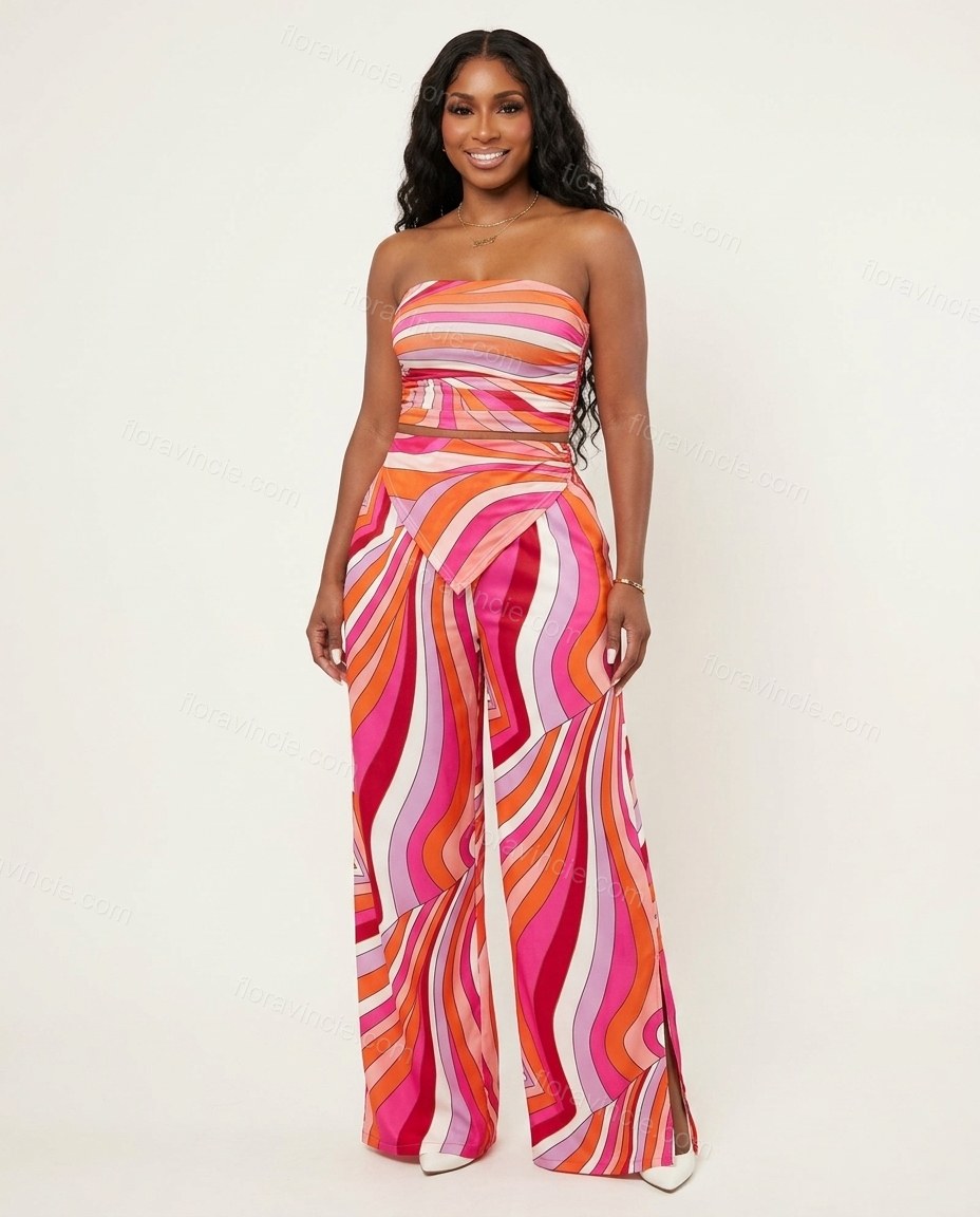 Pink Abstract Strapless Satin Top & Pants Set, front studio view, by Floravincie