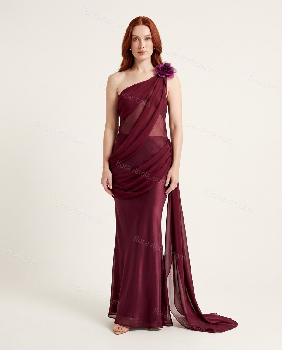 Burgundy Maxi Open-Back One-Shoulder Dress, front studio view, by Floravincie