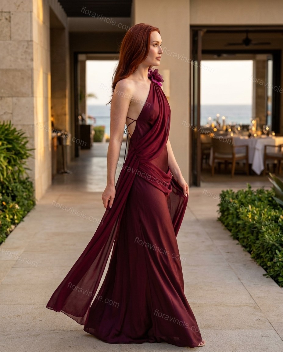 Burgundy Maxi Open-Back One-Shoulder Dress, walking lifestyle view, by Floravincie