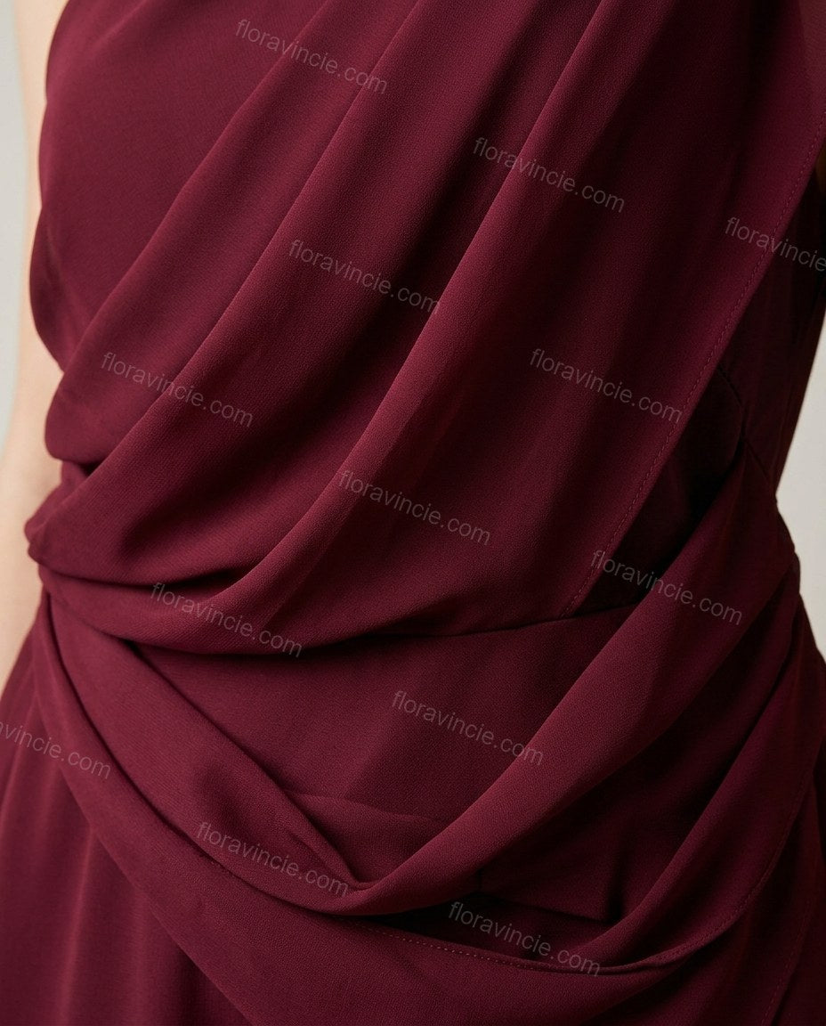 Burgundy Maxi Open-Back One-Shoulder Dress, close-up of draping, floral appliqué and open back, by Floravincie