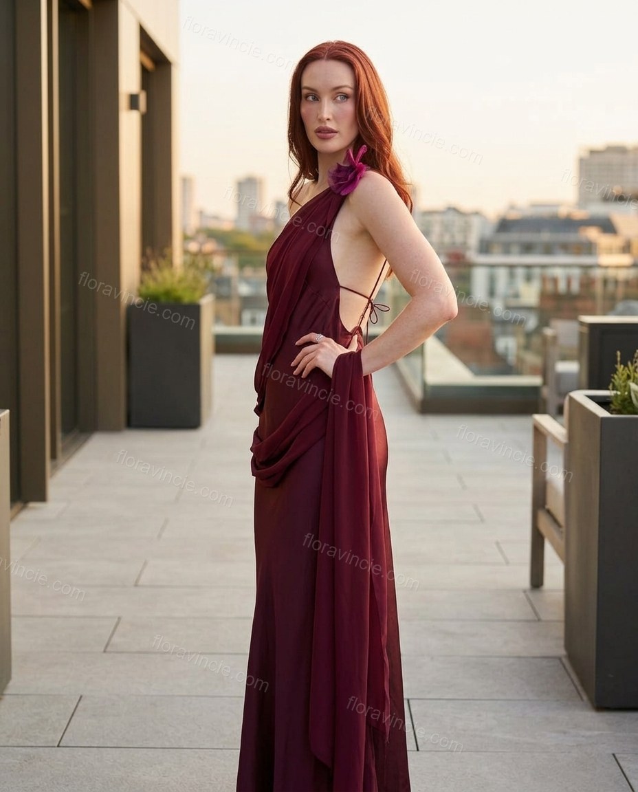 Burgundy Maxi Open-Back One-Shoulder Dress, three-quarter brand lifestyle view, by Floravincie