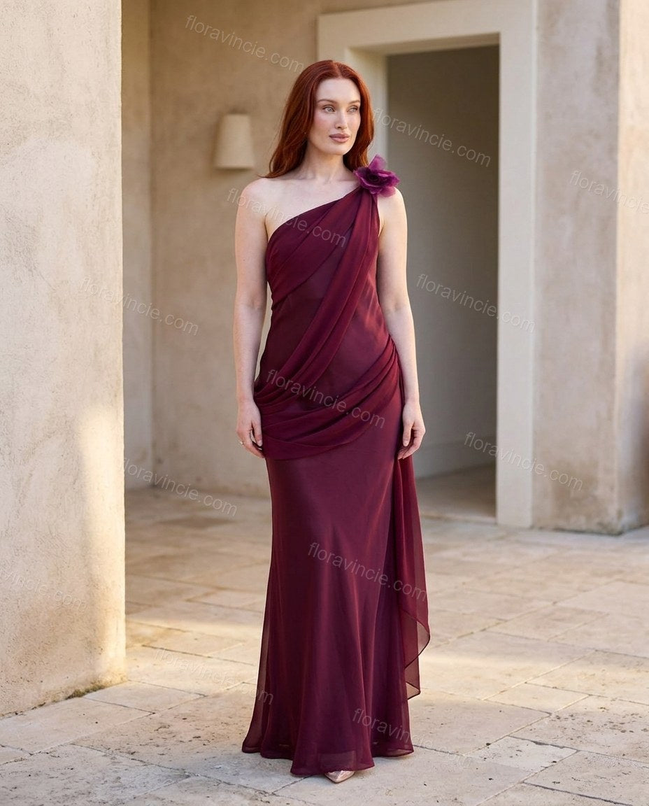 Burgundy Maxi Open-Back One-Shoulder Dress, alternate use-case lifestyle view, by Floravincie