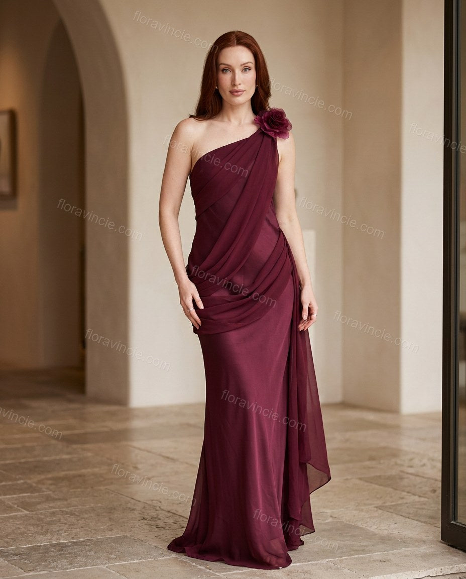 Burgundy Maxi Open-Back One-Shoulder Dress, full-length hero view, by Floravincie