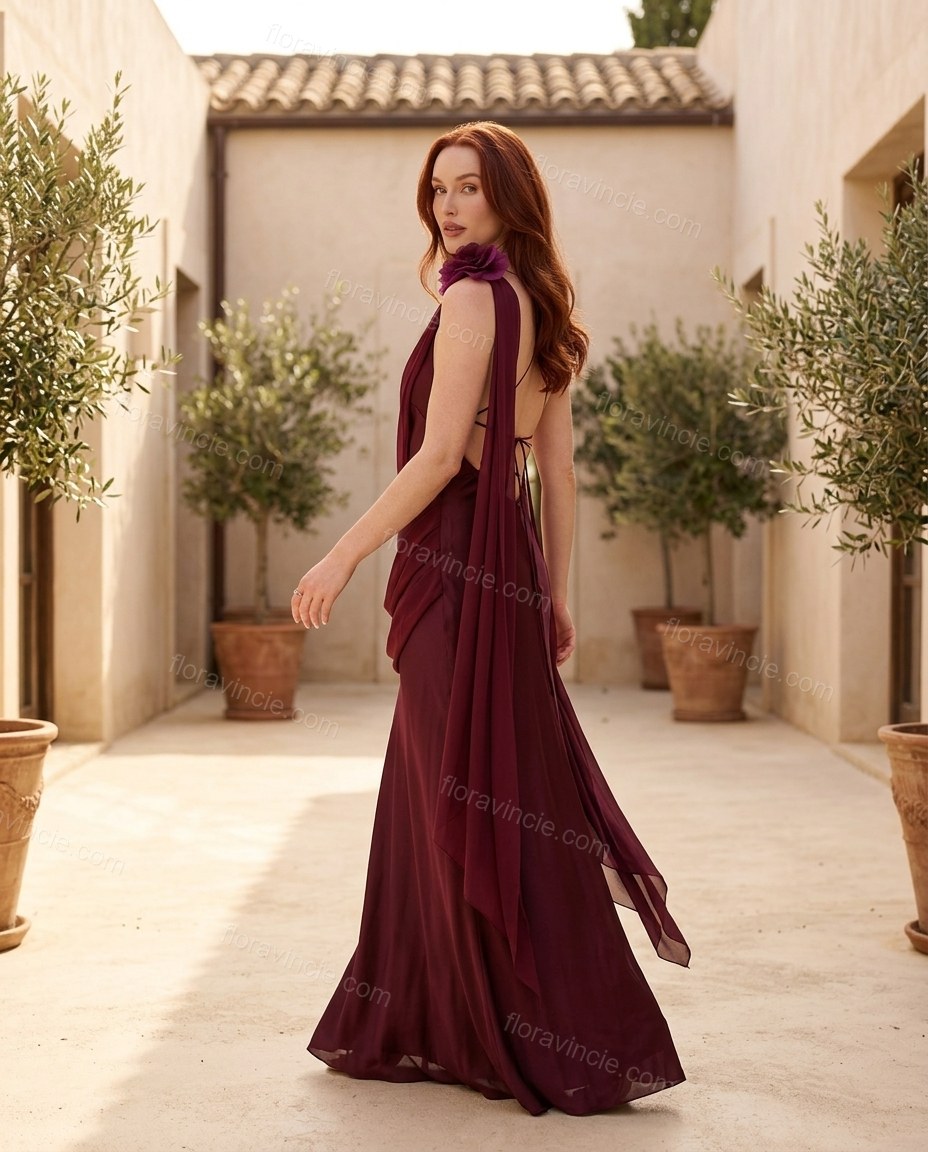 Burgundy Maxi Open-Back One-Shoulder Dress, movement and fit lifestyle view, by Floravincie