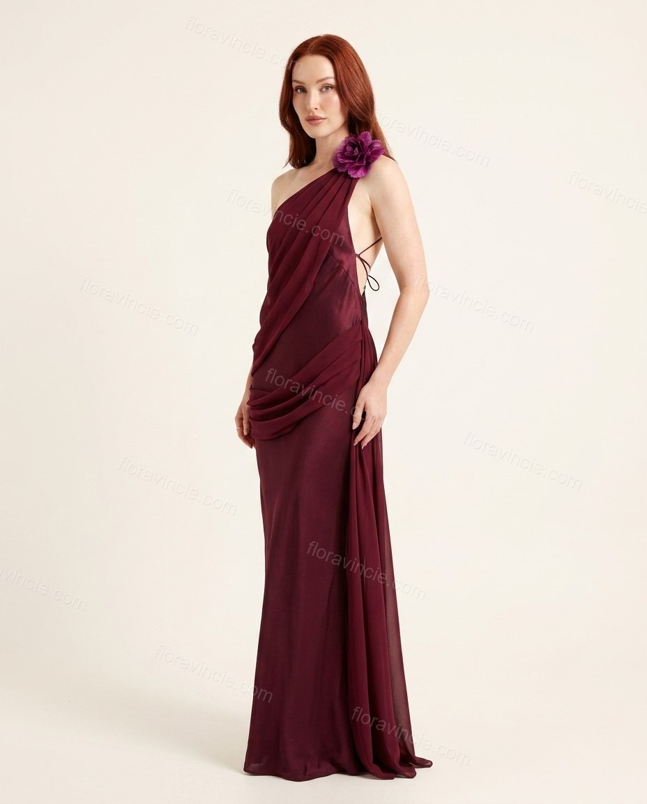 Burgundy Maxi Open-Back One-Shoulder Dress, side and back studio view, by Floravincie