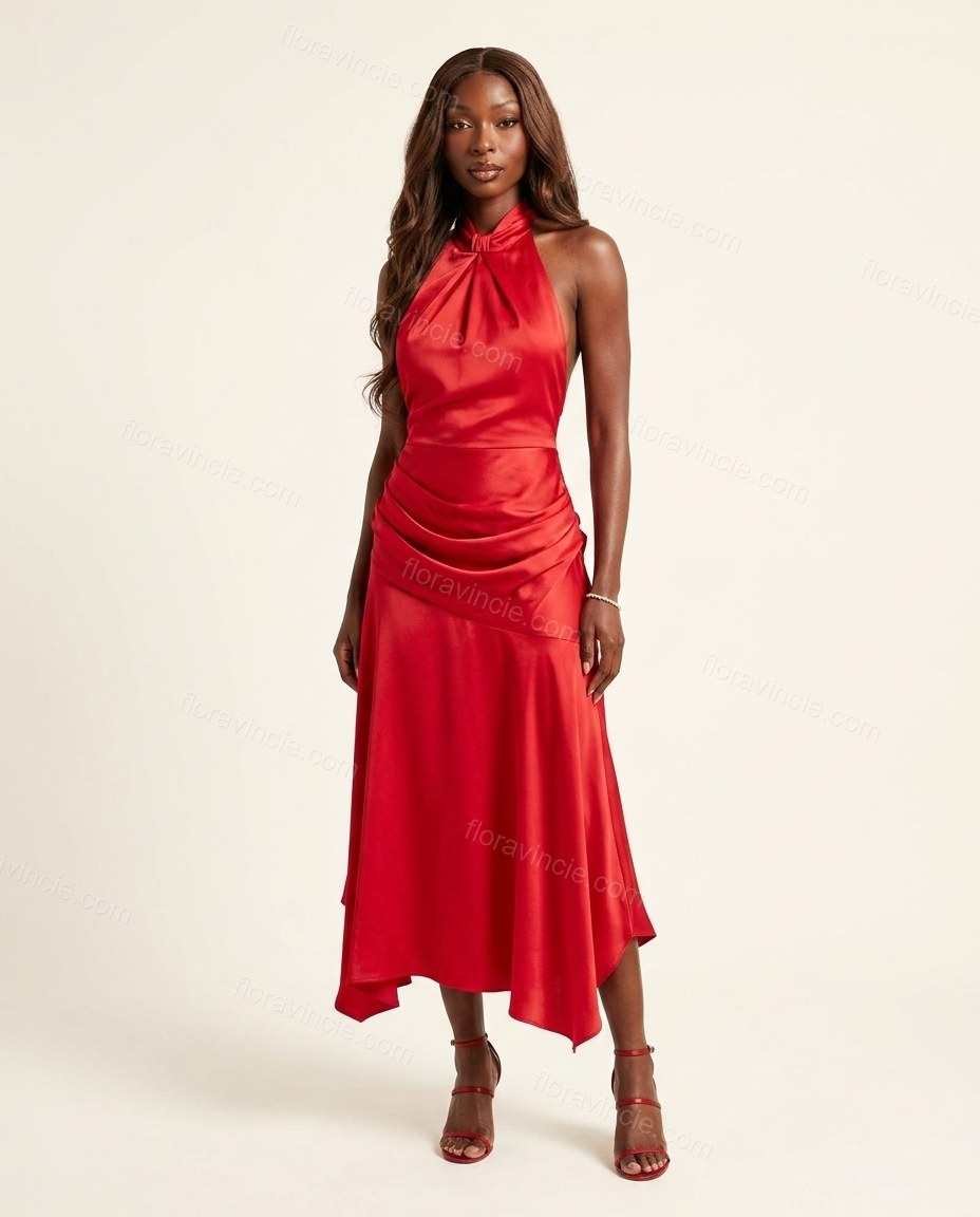 Red Maxi Open-Back Halter Dress, front studio view, by Floravincie