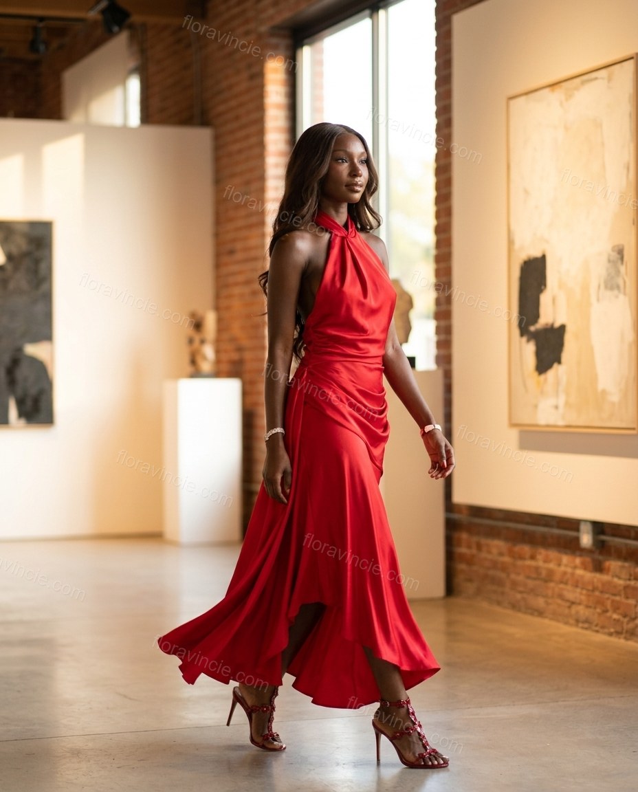Red Maxi Open-Back Halter Dress, walking lifestyle view, by Floravincie