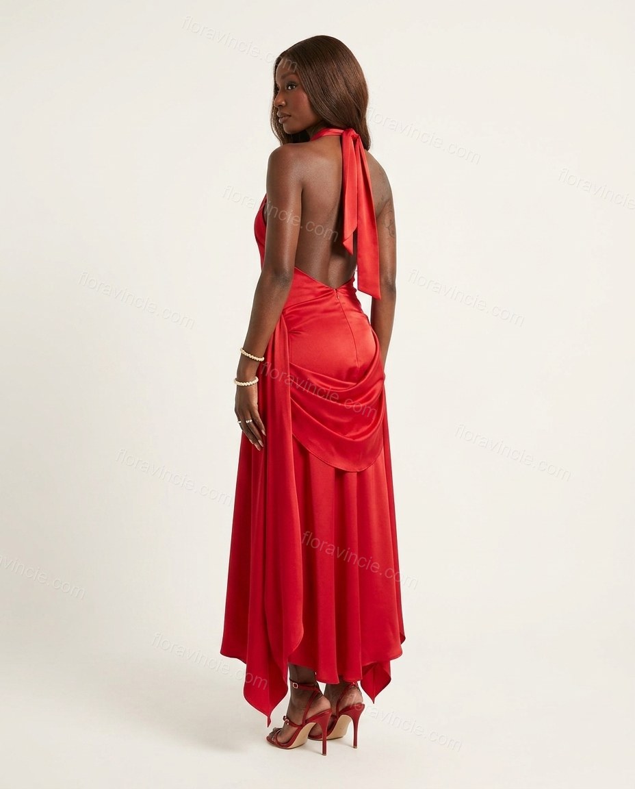 Red Maxi Open-Back Halter Dress, back studio view showing open back with draped fabric, by Floravincie