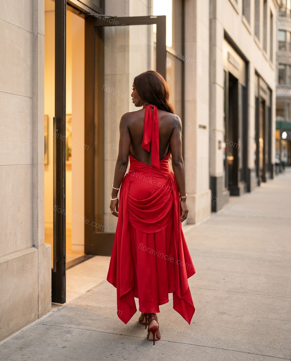 Red Maxi Open-Back Halter Dress, movement and fit lifestyle view, by Floravincie