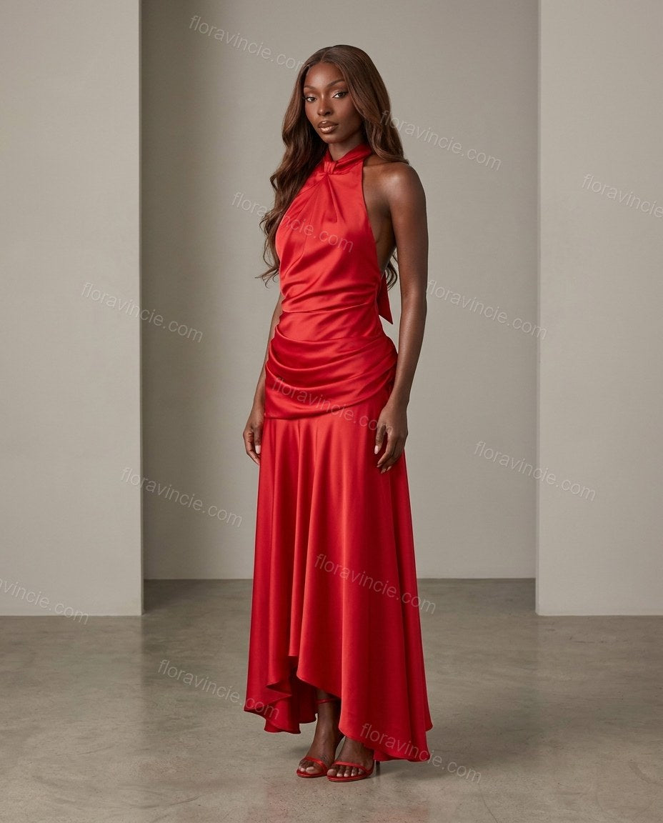 Red Maxi Open-Back Halter Dress, full-length hero view, by Floravincie