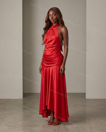 Red Maxi Open-Back Halter Dress, full-length hero view, by Floravincie