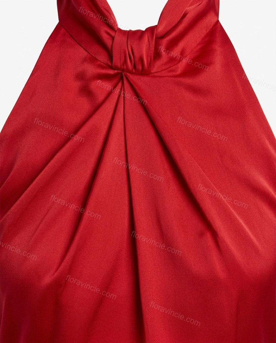 Red Maxi Open-Back Halter Dress, close-up of open back, draped detailing and asymmetrical hem, by Floravincie