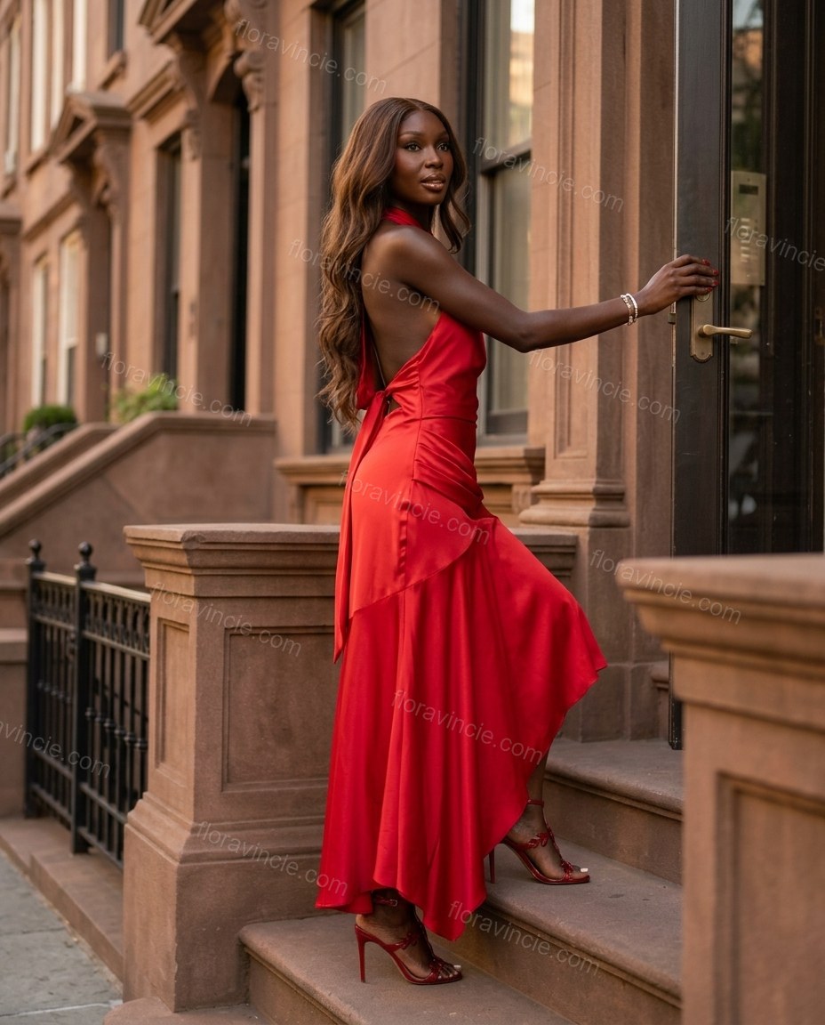 Red Maxi Open-Back Halter Dress, alternate use-case lifestyle view, by Floravincie