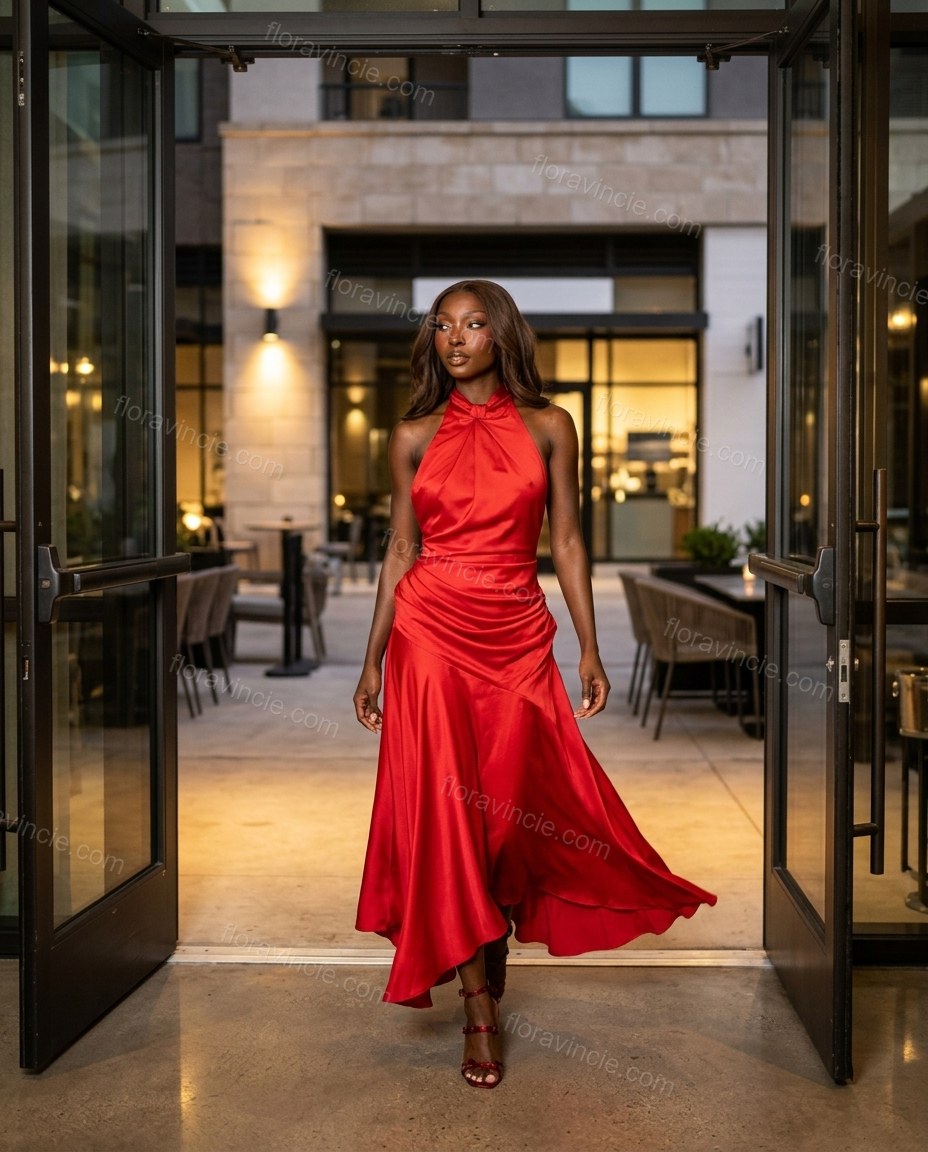 Red Maxi Open-Back Halter Dress, three-quarter brand lifestyle view, by Floravincie