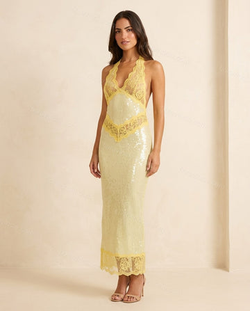 Pale Yellow Floral Maxi Halter Dress, full-length hero view, by Floravincie