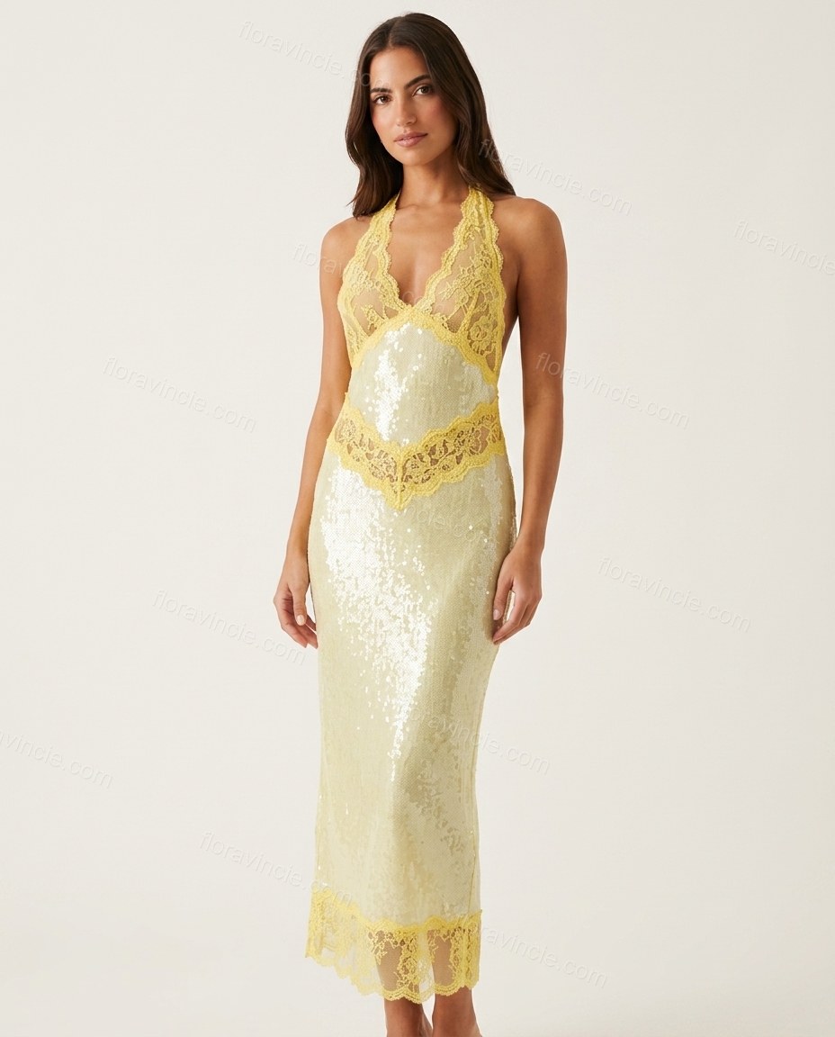 Pale Yellow Floral Maxi Halter Dress, front studio view, by Floravincie
