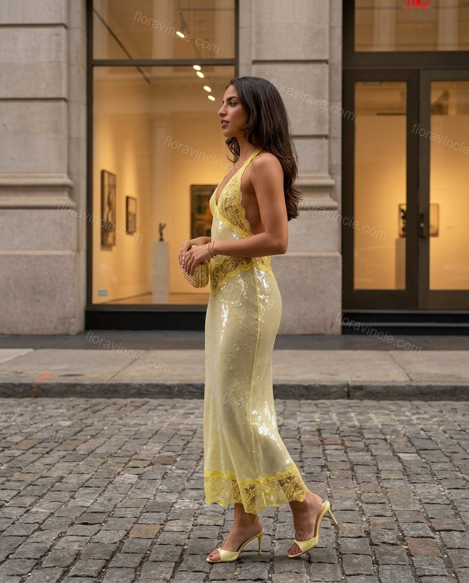 Pale Yellow Floral Maxi Halter Dress, walking lifestyle view, by Floravincie