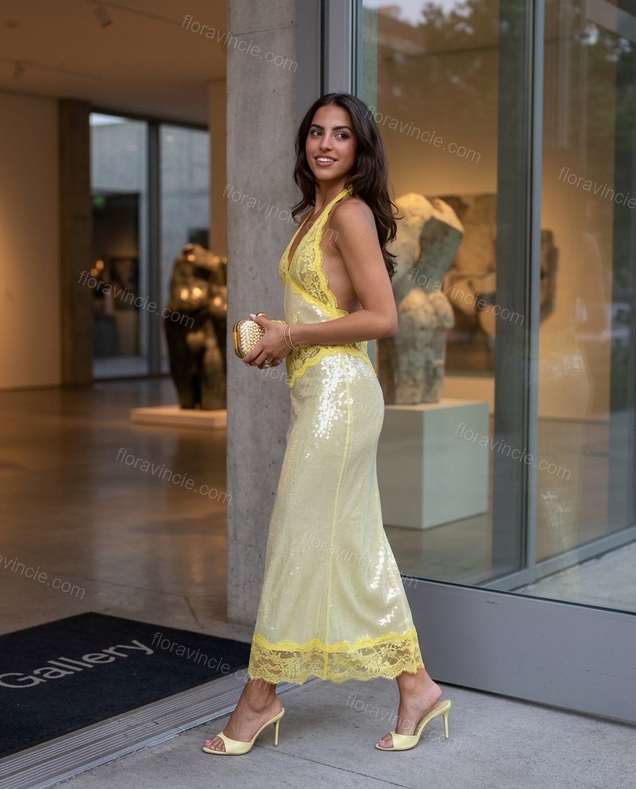 Pale Yellow Floral Maxi Halter Dress, alternate use-case lifestyle view, by Floravincie