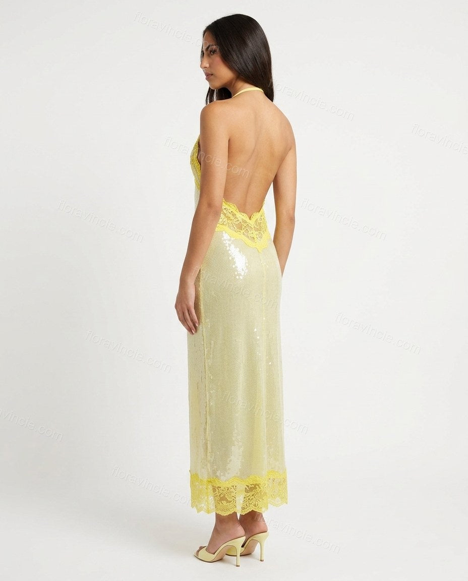 Pale Yellow Floral Maxi Halter Dress, back studio view showing low-cut back with halter straps, sequined fabric, by Floravincie
