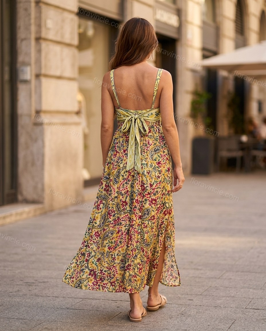 Yellow Floral Maxi Dress, movement and fit lifestyle view, by Floravincie