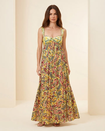 Yellow Floral Maxi Dress, full-length hero view, by Floravincie