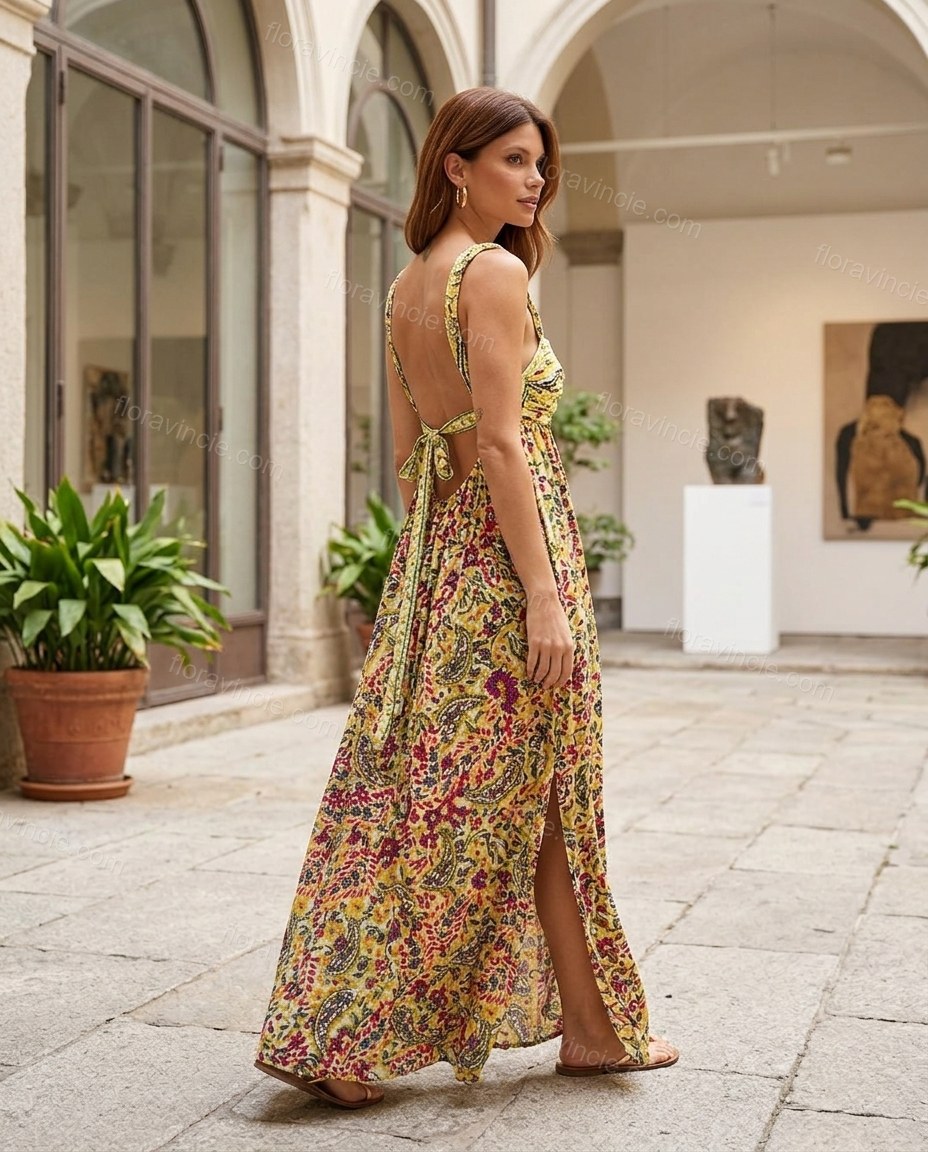 Yellow Floral Maxi Dress, alternate use-case lifestyle view, by Floravincie