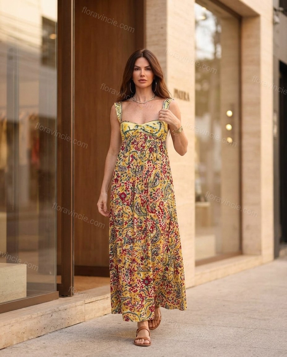 Yellow Floral Maxi Dress, three-quarter brand lifestyle view, by Floravincie