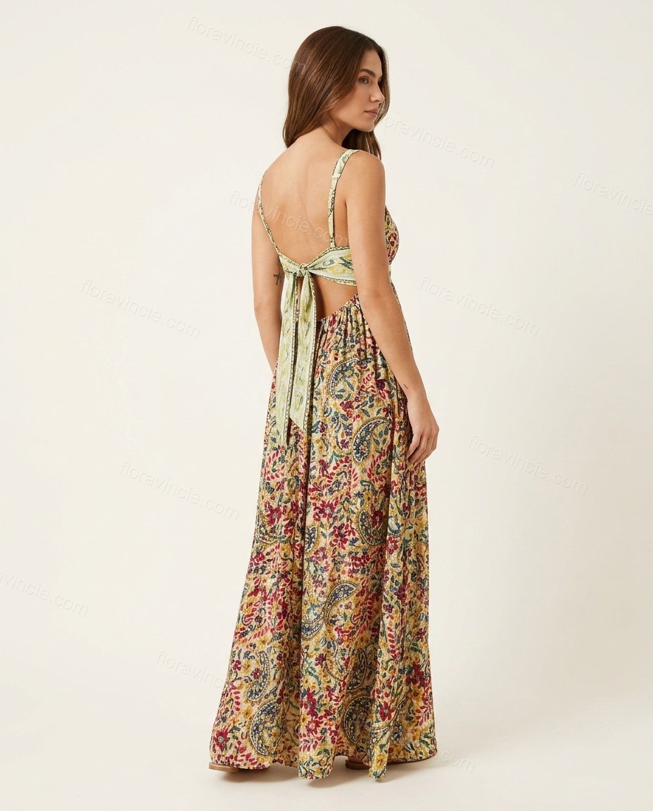 Yellow Floral Maxi Dress, back studio view showing open back with tie detail visible, by Floravincie
