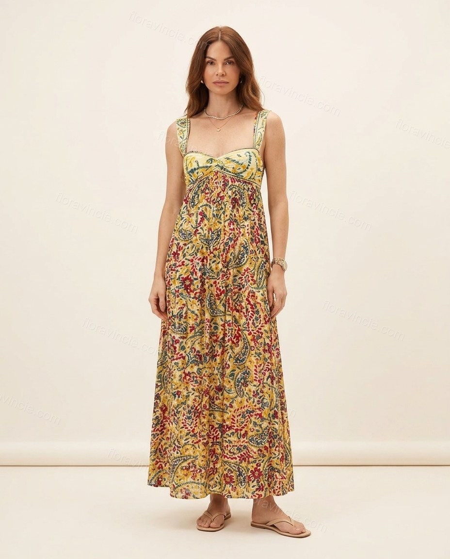 Yellow Floral Maxi Dress, front studio view, by Floravincie