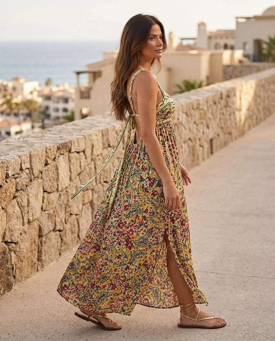 Yellow Floral Maxi Dress, walking lifestyle view, by Floravincie