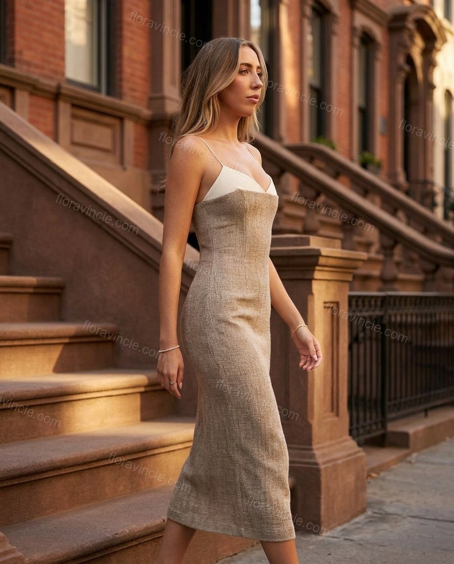 Beige Midi Dress, three-quarter brand lifestyle view, by Floravincie