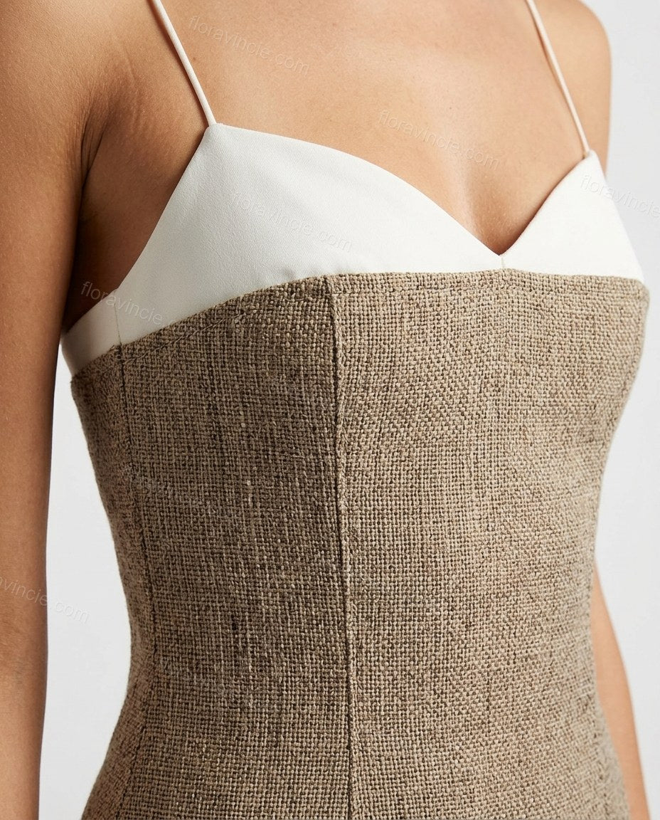 Beige Midi Dress, close-up of off-white accents, spaghetti straps and sweetheart neckline, by Floravincie