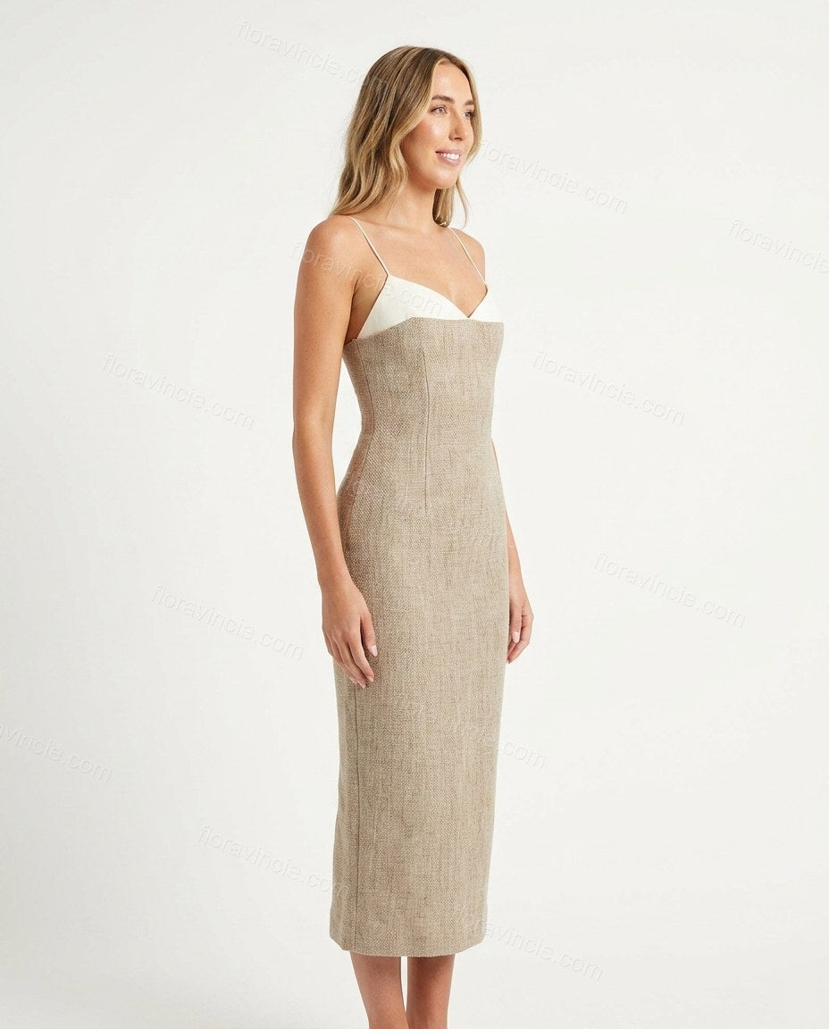 Beige Midi Dress, side and back studio view, by Floravincie