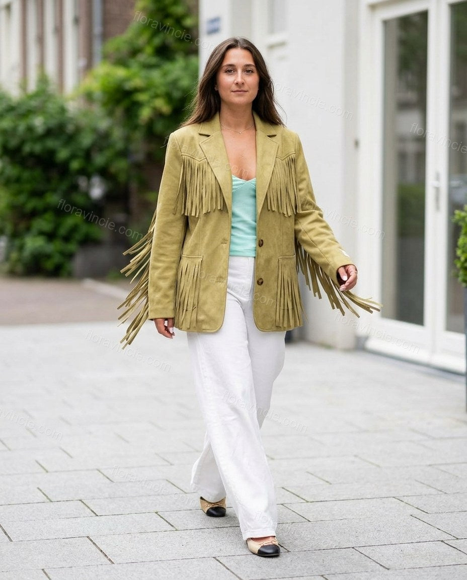 Olive Green Fringe Two-Piece Set, full-length hero view, by Floravincie