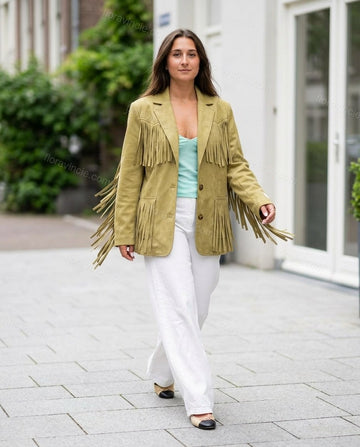 Olive Green Fringe Two-Piece Set, full-length hero view, by Floravincie