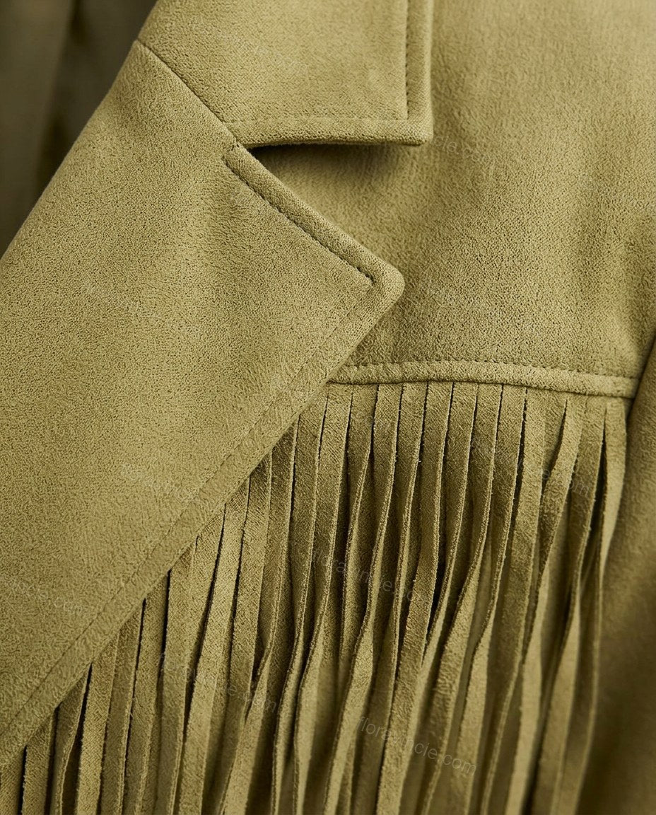 Olive Green Fringe Two-Piece Set, close-up of fringe trim, button closure and notched lapels, by Floravincie