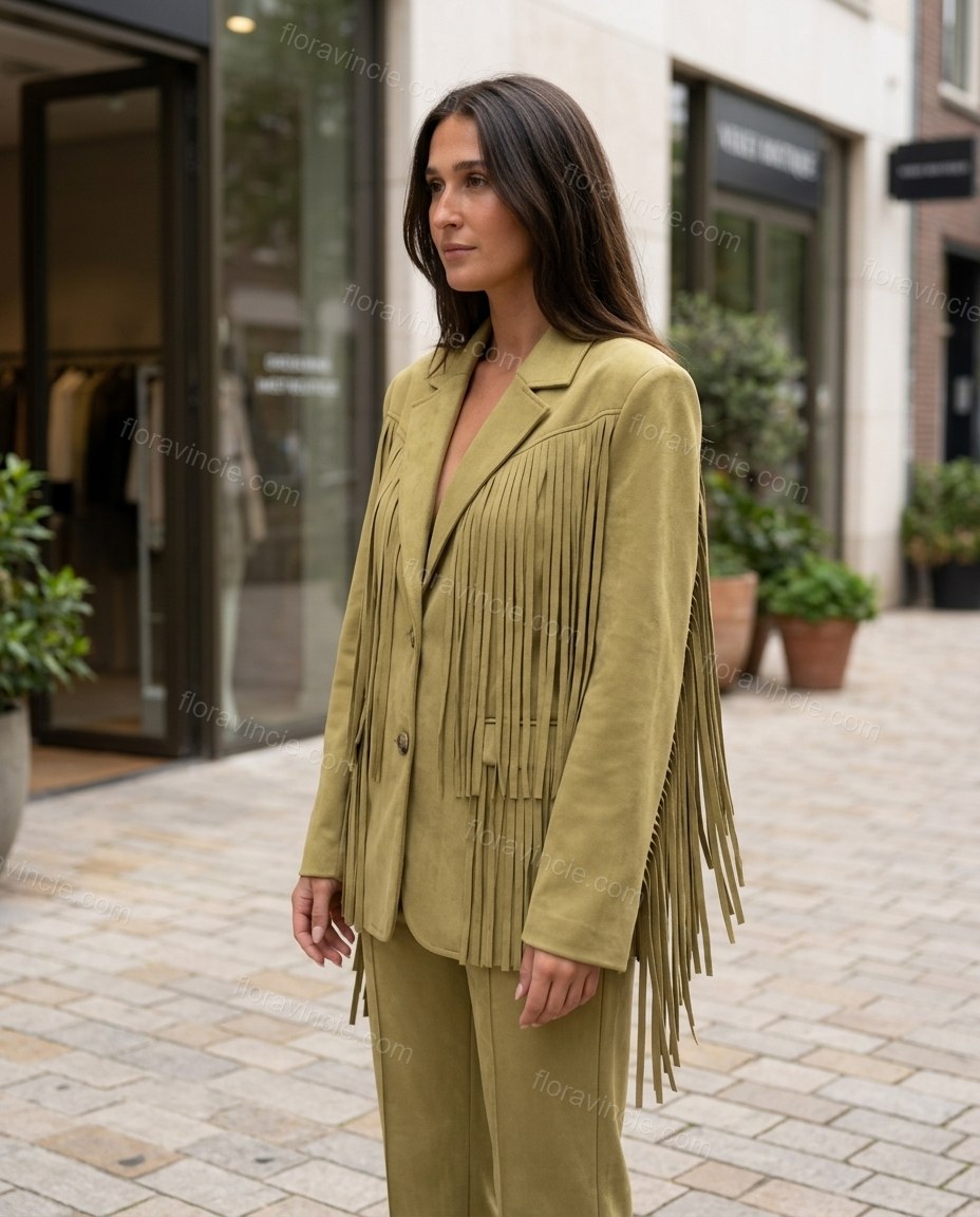 Olive Green Fringe Two-Piece Set, three-quarter brand lifestyle view, by Floravincie