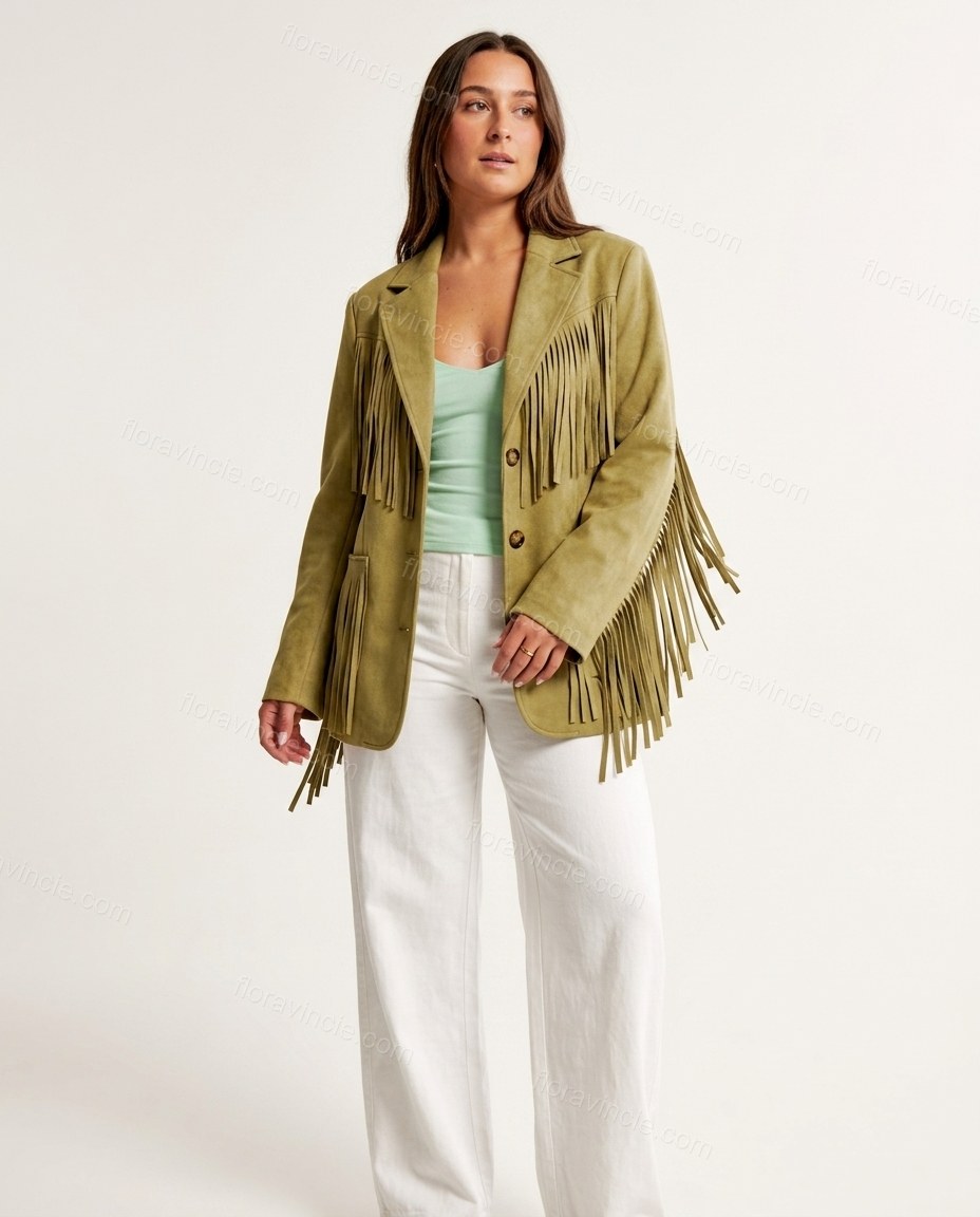 Olive Green Fringe Two-Piece Set, front studio view, by Floravincie