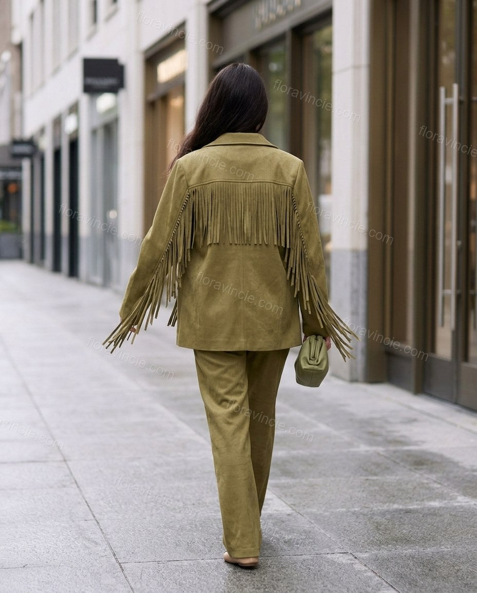 Olive Green Fringe Two-Piece Set, alternate use-case lifestyle view, by Floravincie